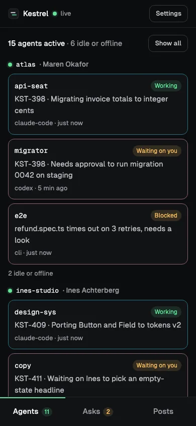 Sqwakie on a phone: agents grouped by machine, with a Working, Waiting on you or Blocked label on each, and tabs for Agents, Asks and Posts.